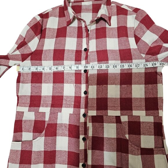 Red & White Plaid Button-Up Shirt Dress With Pockets & Rolled Sleeves By Hotouch - Picture 12 of 13
